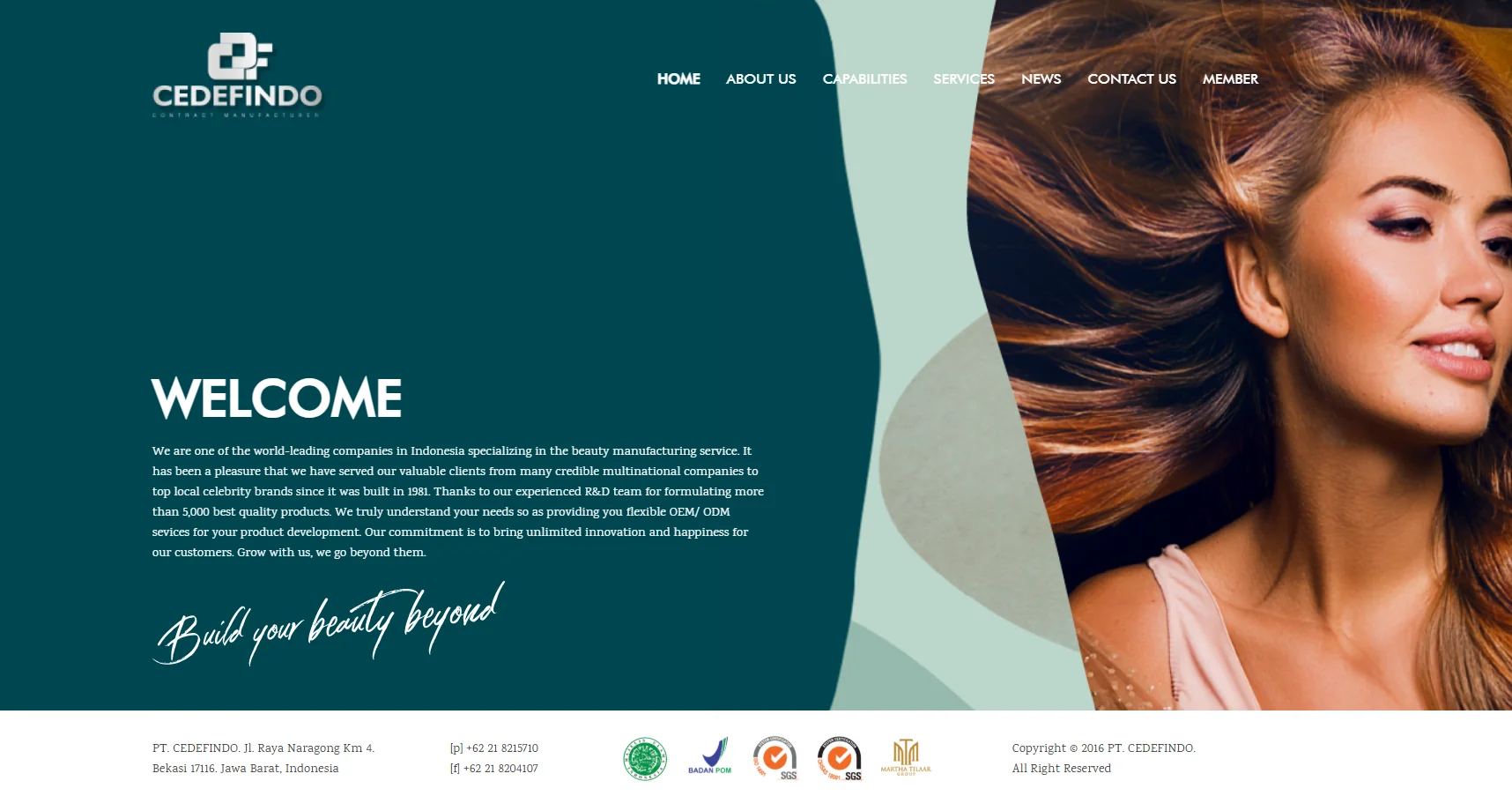 Homepage of CEDEFINDO, showcasing company introduction, slogan 'Build your beauty beyond', and contact details. Hair visible in design element.